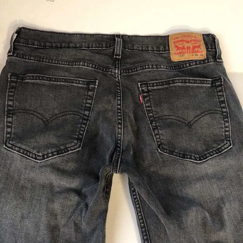 Levi's 514 Straight Fit Jeans Mens Washed Black Denim Pants 36x30